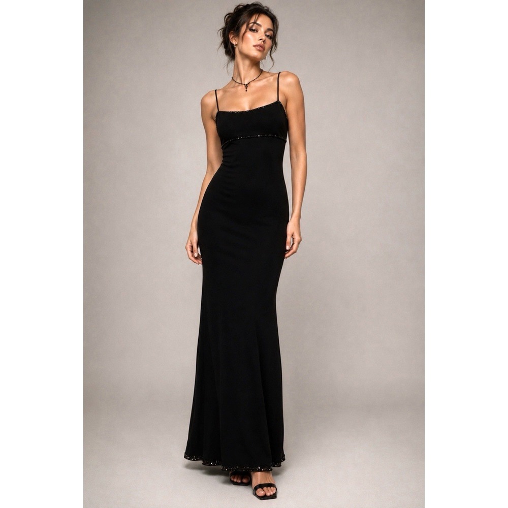 Vintage Y2k 90's Betsey Johnson Maxi Evening Gown Dress Crystal Beads Black SZ S